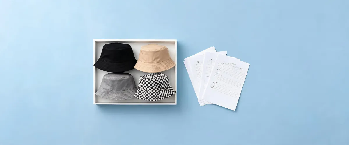 Bucket hat requirement sheets and sample tray