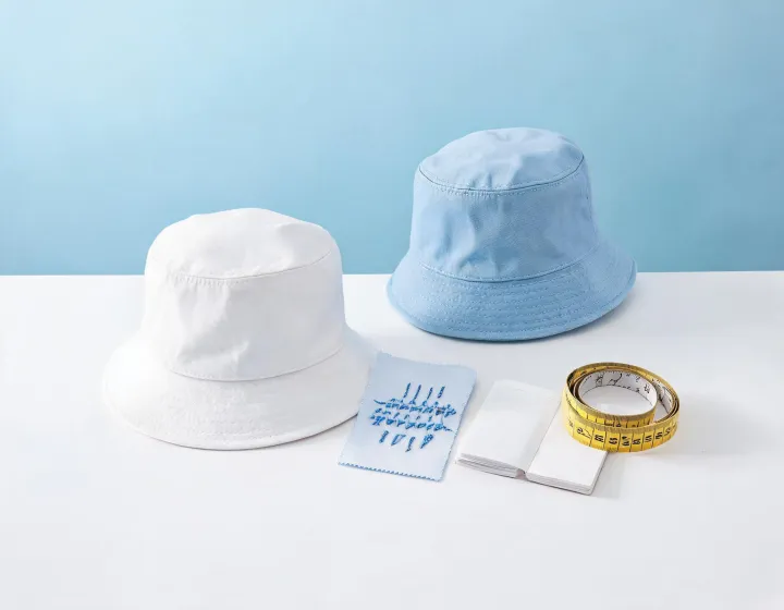Bucket hat fabric swatches, embroidered sample and measurement tape on a procurement desk