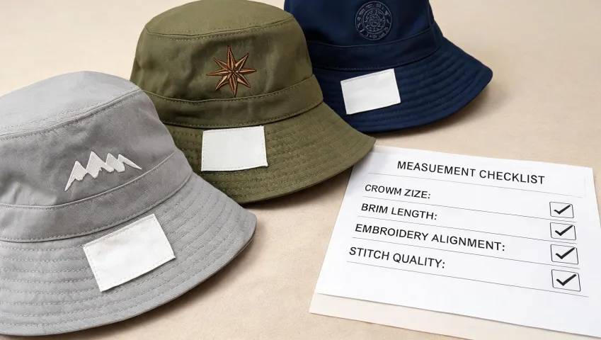 Embroidered bucket hat sample alongside event and retail buying checklists