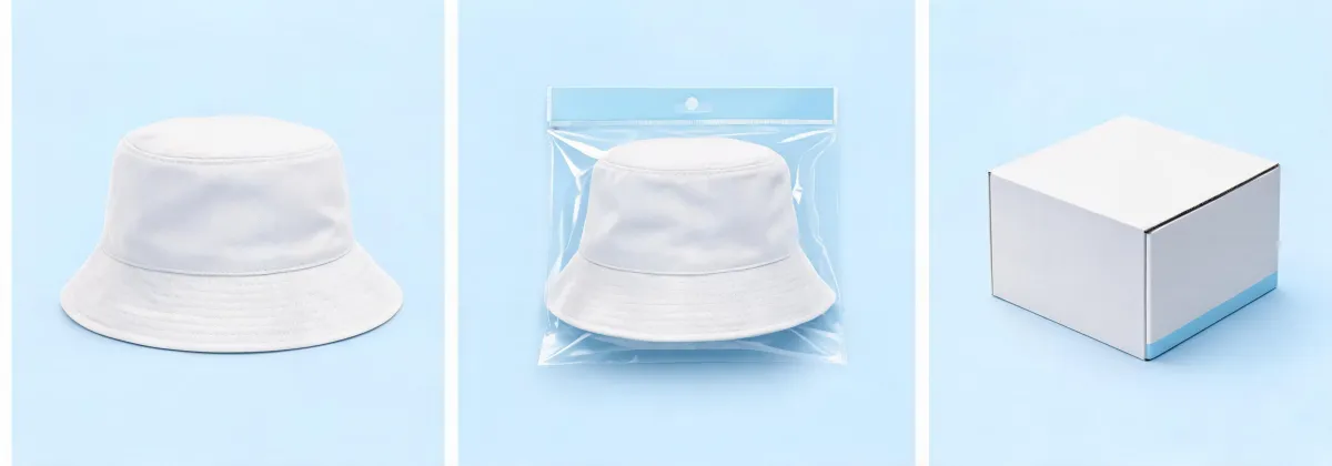 Bucket hat sample, individual pack and labeled shipping carton arranged in sequence