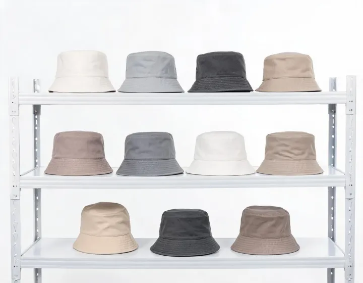 Bucket hat sourcing options on a plain sample shelf