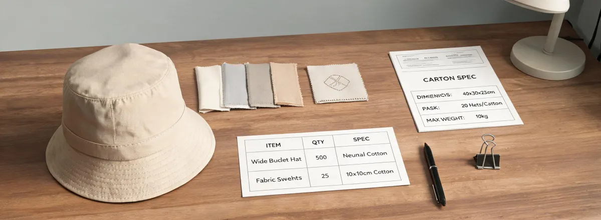 Bucket hat sample table prepared for supplier quotation review